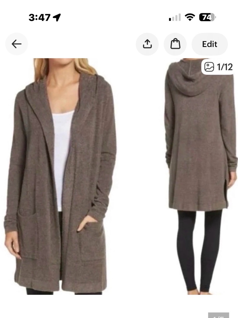 Barefoot Dreams Charcoal Knit hooded cardigan. L/xl